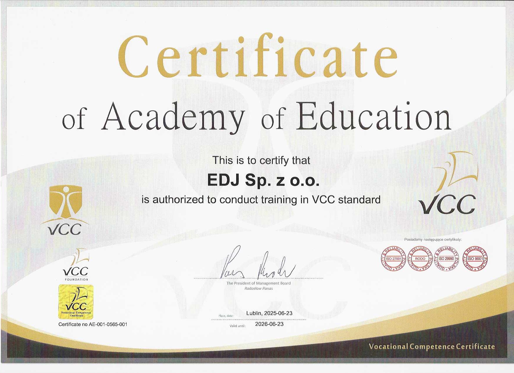 Certyfikat VCC – EDJ Sp. z o.o.
